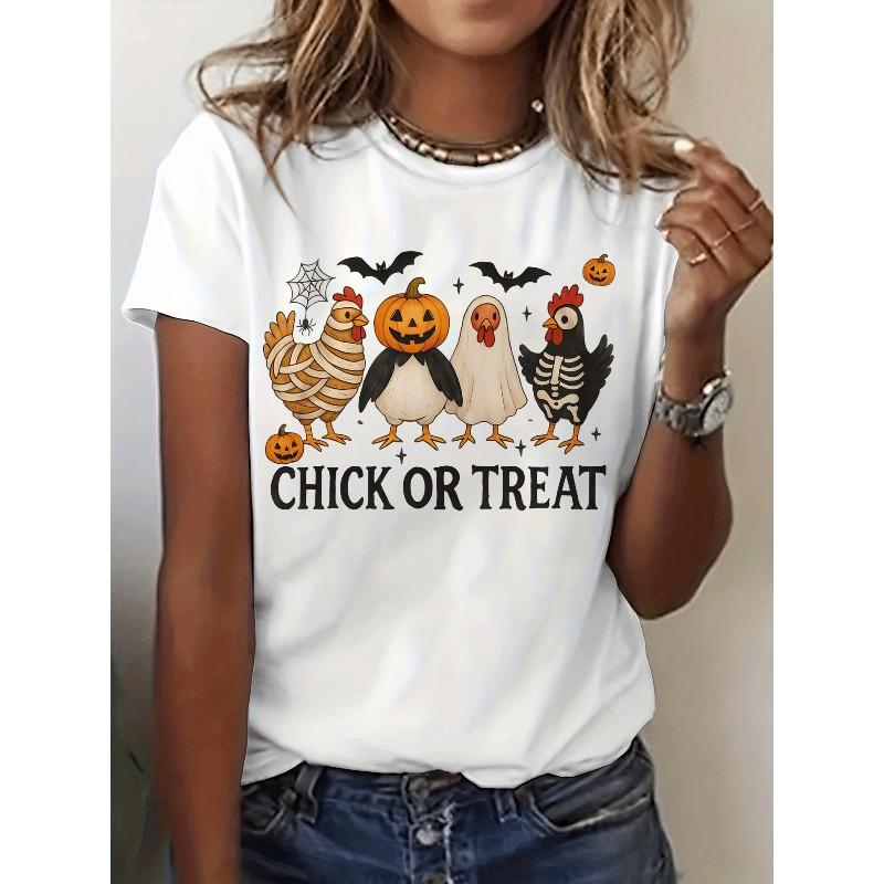 Chick or Treat Chicken Halloween Funny Graphic Print T-shirt, Short Sleeve Crew Neck Casual Top for Summer & Spring, Women s Clothing S белый