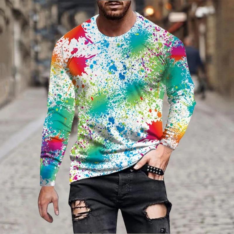 Men Rainbow Paint Splash Long‑Sleeve T‑Shirt Colorful Ink Graffiti Tee Novelty Abstract Art Casual Long Sleeve Shirts