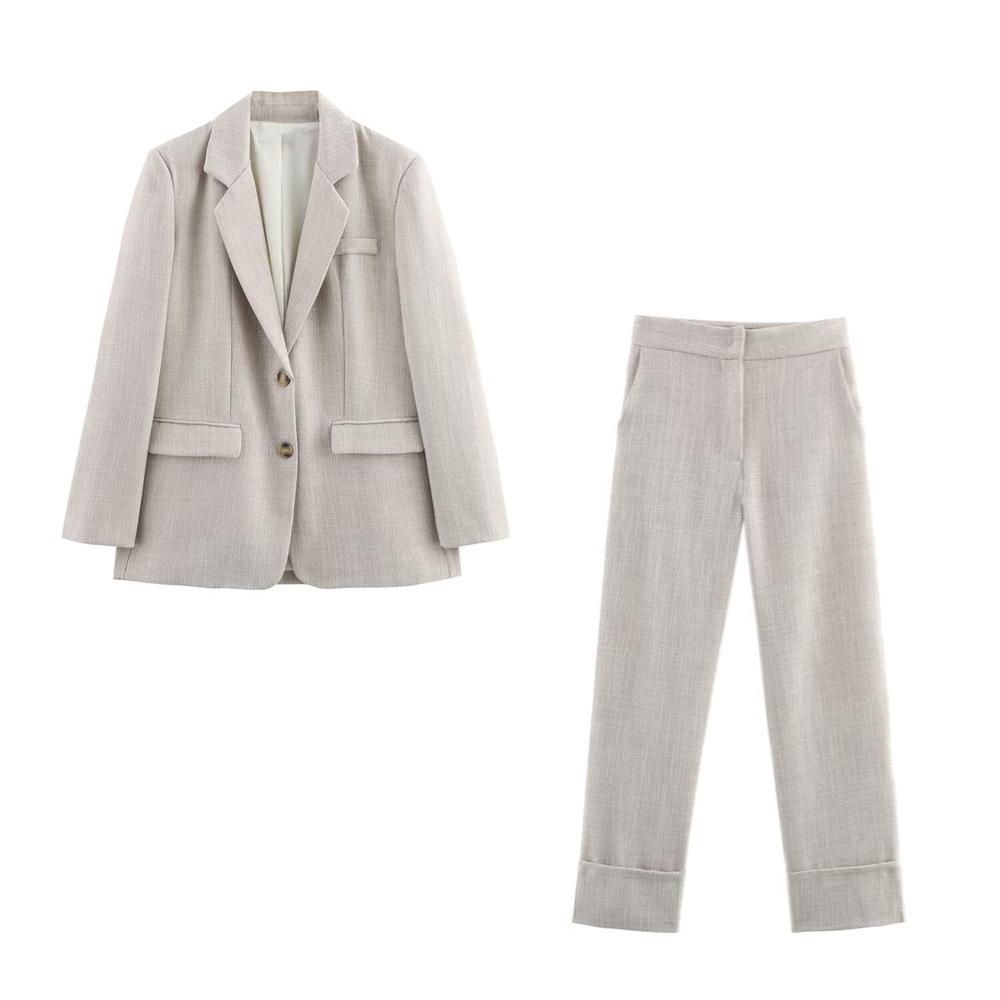 

2025 Spring/Summer Women s Shoulder Pad Blazer & Turn-Up Hem Straight-Leg Pants Set Large брудно-білий