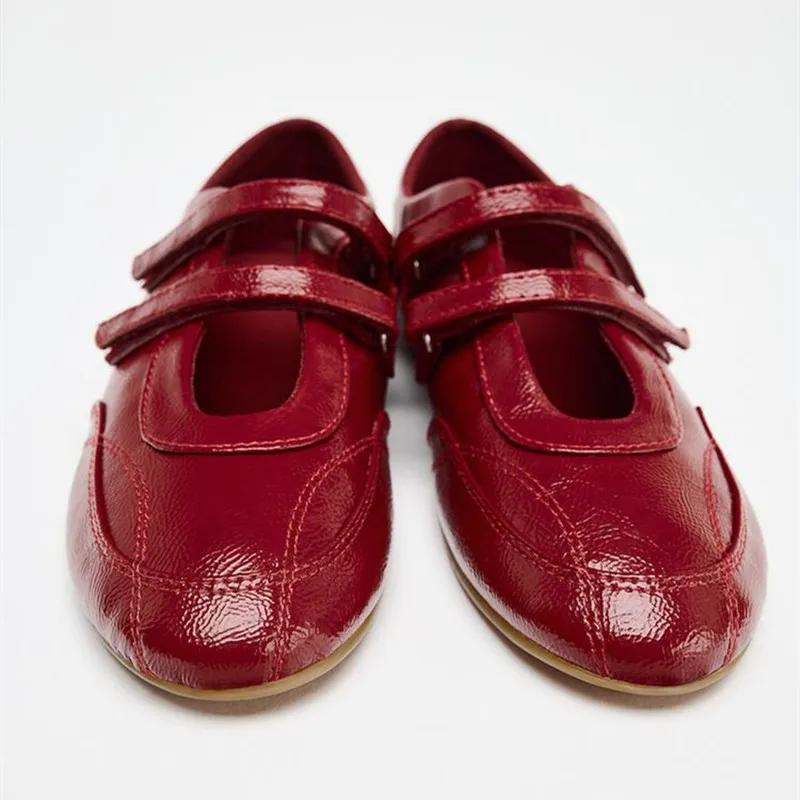Fashion Red Patent Leather Flat Ballet Shoes Women Light Non-Slip Double-buckle Belt Flats Comfort Loafers Walking Luxury Designer Shoes