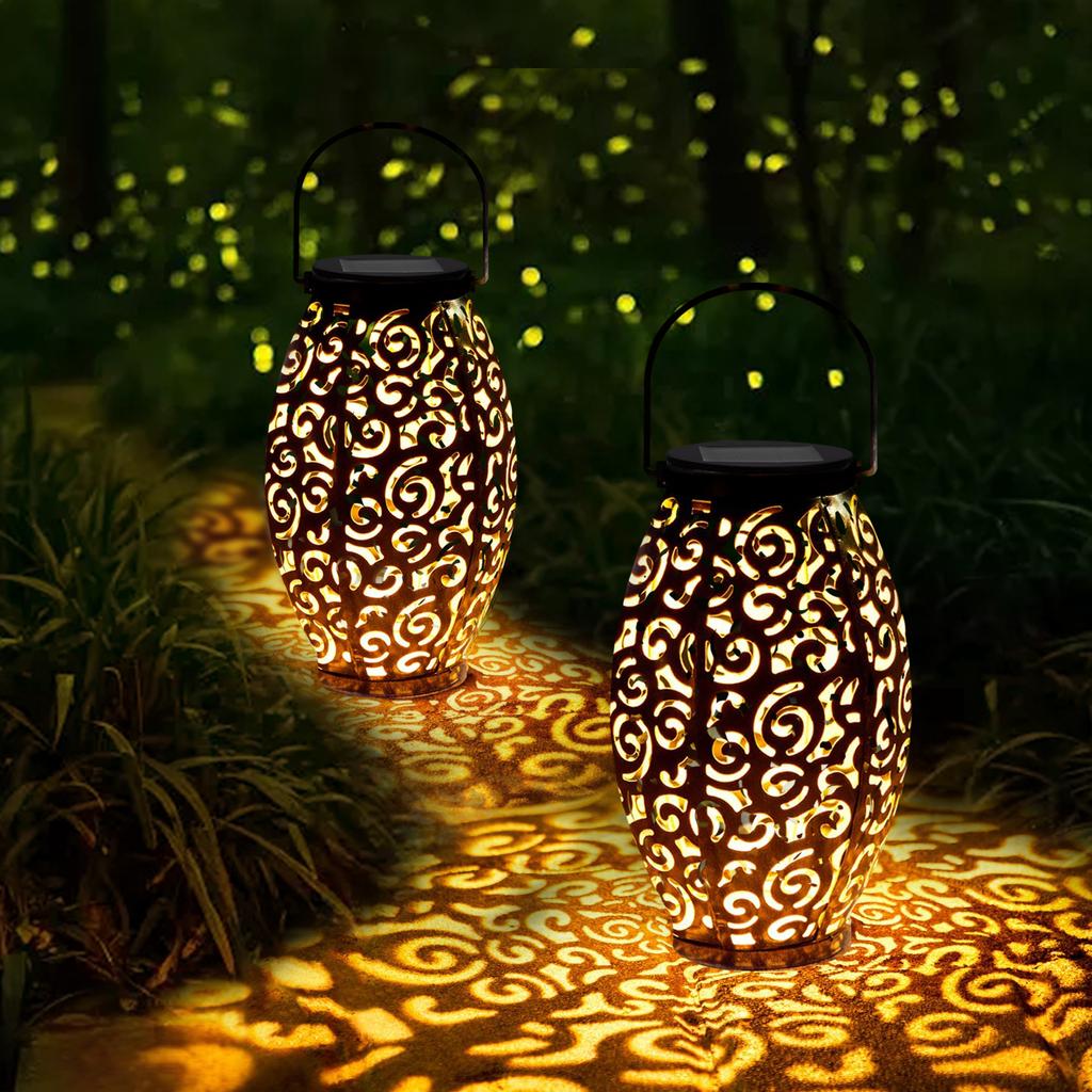 Xidajie Metal Retro Hanging Solar Lights, 2Pack Solar Lanterns With Hollow Patte