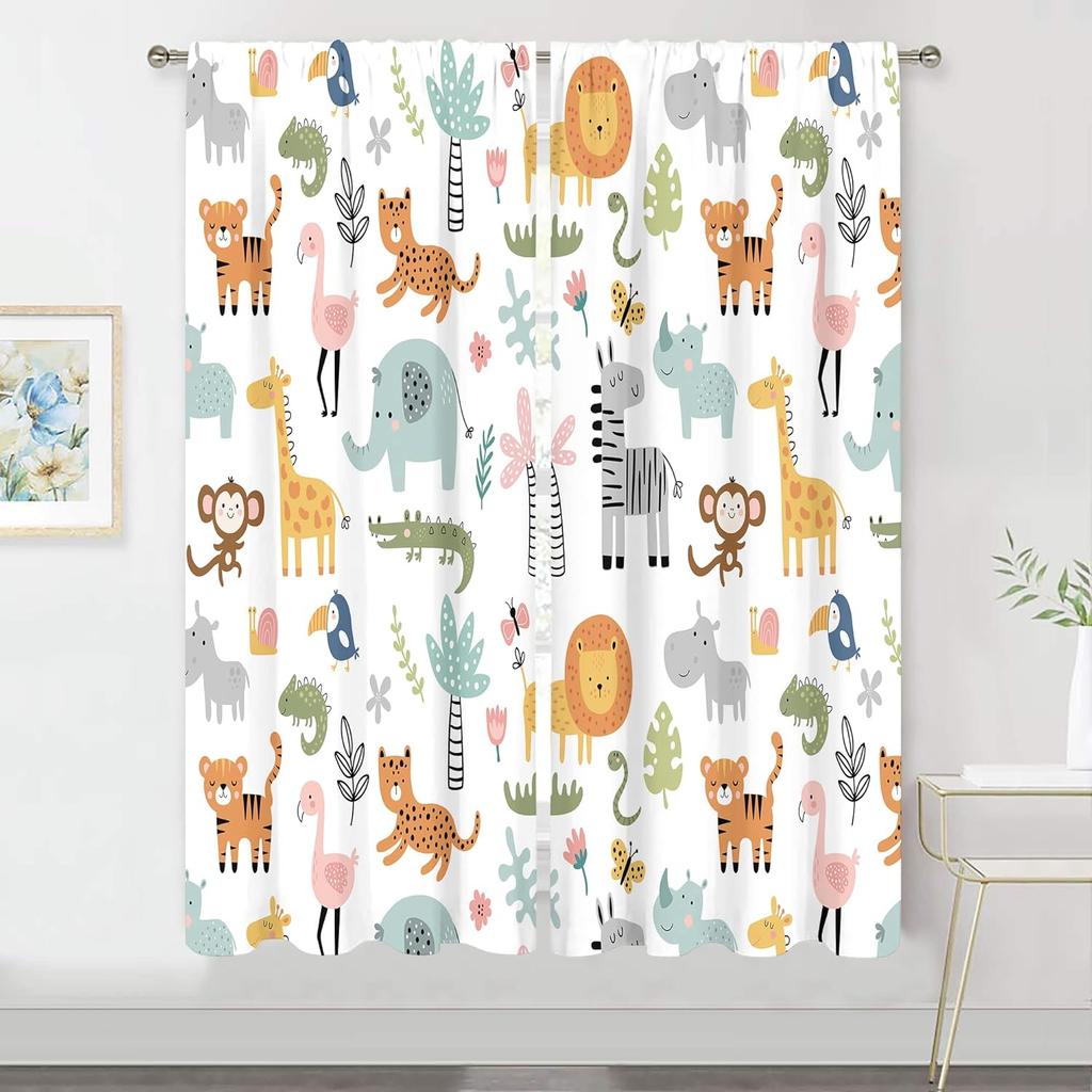 Cartoon Safari Animal Curtains Rod Pocket Woodland Wildlife Jungle Colorful Bedroom Window Drapes Nursery Kid Toddler Printed