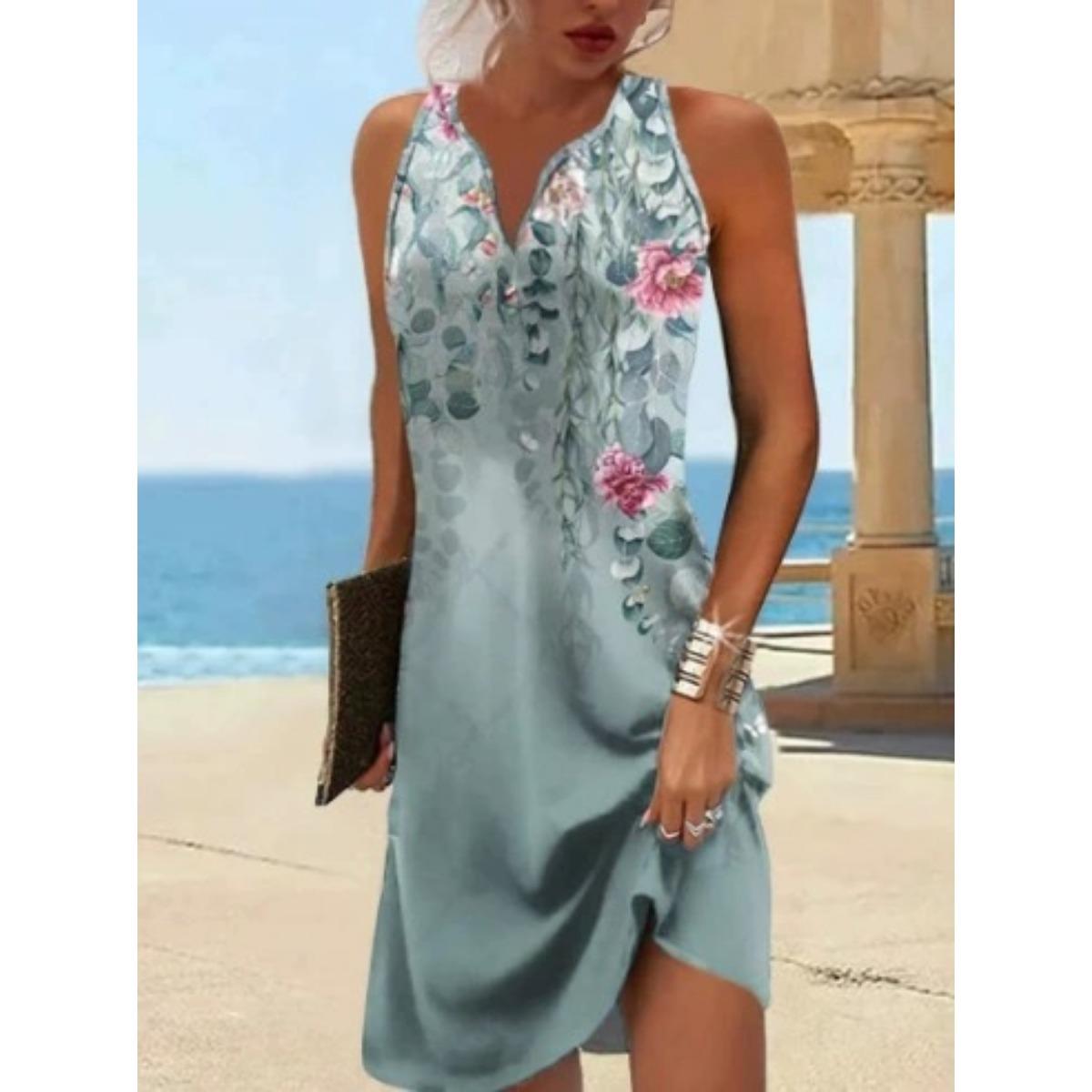 

Women s European American Style Sleeveless V Neck A-line Dress, Casual Floral Button 3D Pattern Dress XL небо синє кольору