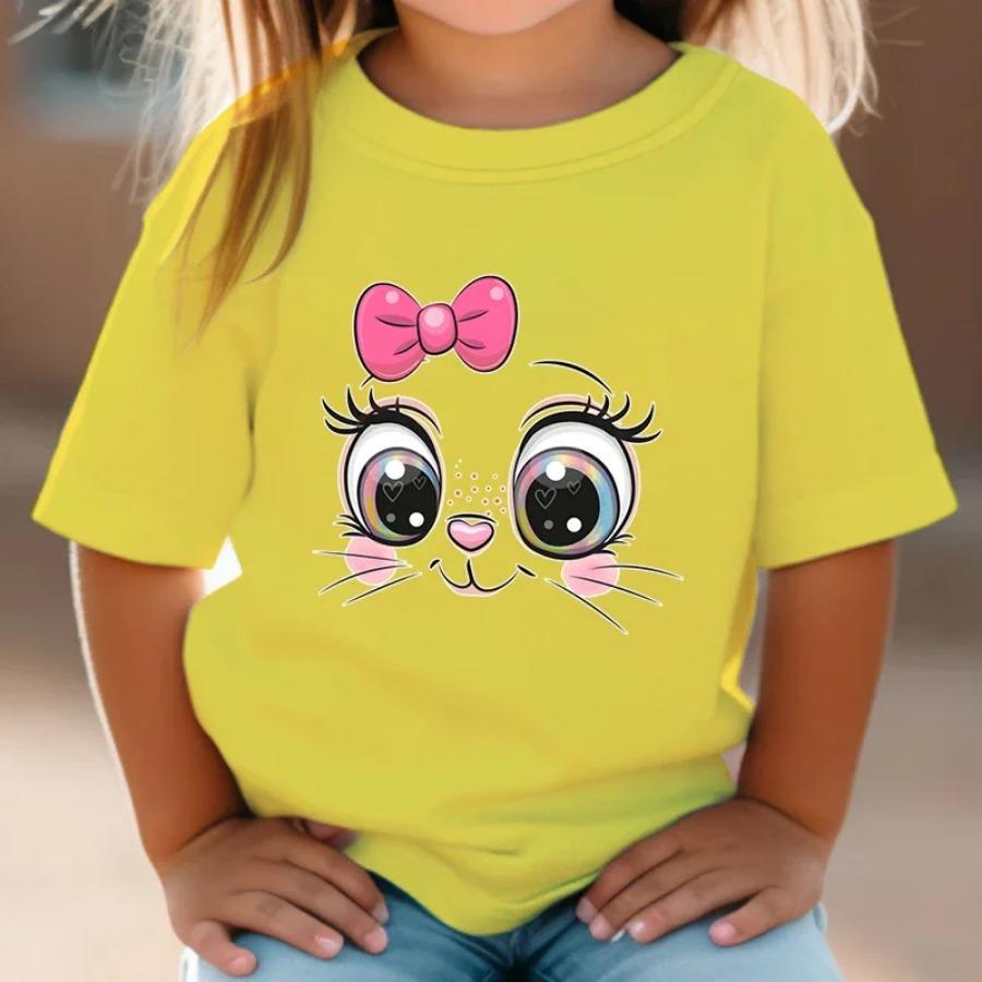 Teen Girl Clothes Pink Bow Cat Girl T-Shirt Summer Fashion Crew Neck Junior Girls' Clothing Short Sleeve Outdoor Children Top