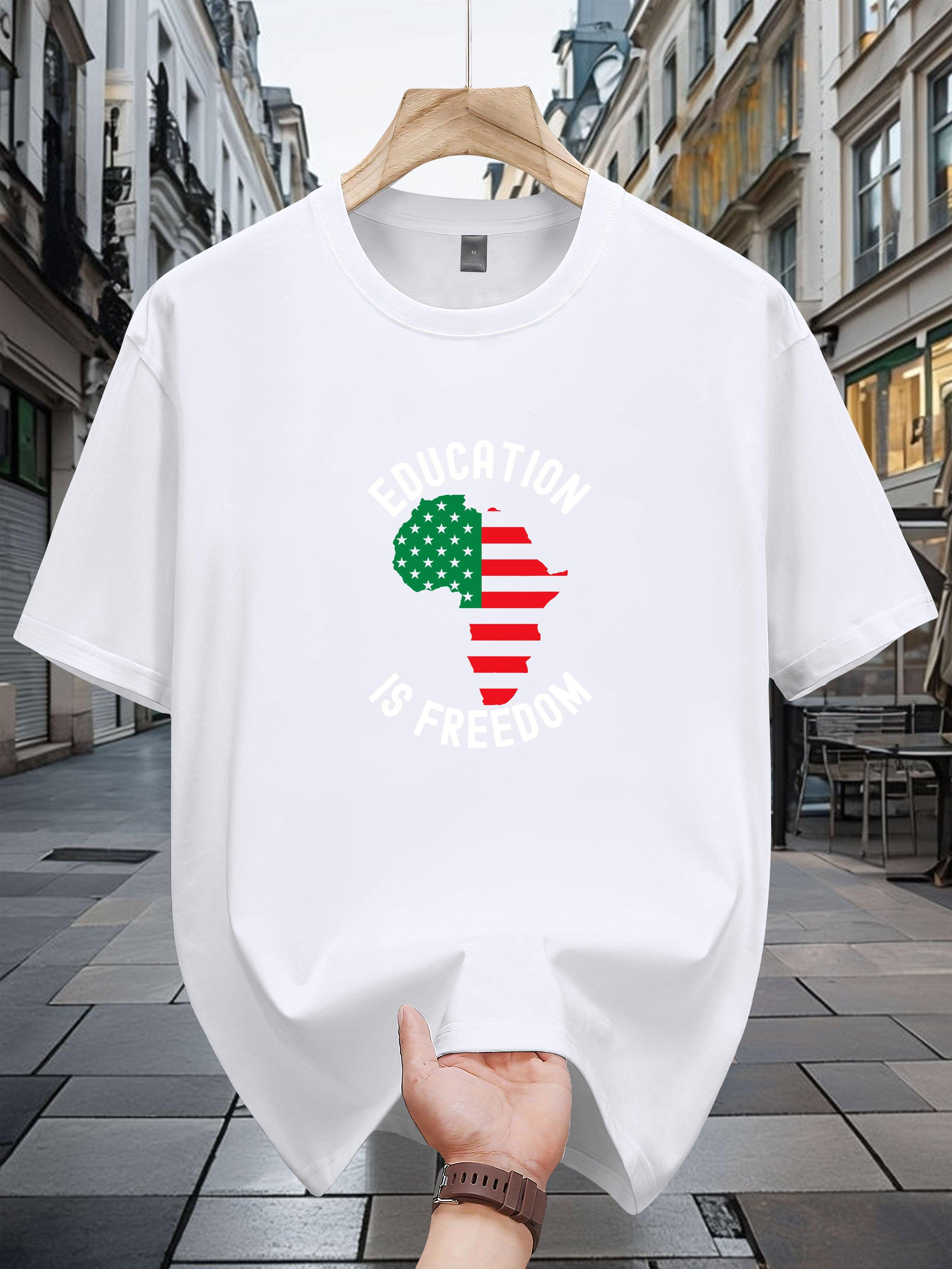 Niuwang Selection 200g 100% Cotton Short Sleeve T-shirt - White Casual Graphic Print Tee with African Continent &  Education is Freedom  Design XXL