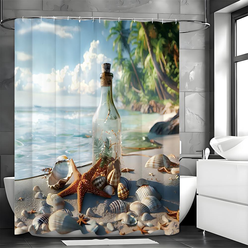 Ocean Beach Glass Bottle Starfish Shell Shower Curtain, Bathroom Decorative Shower Curtain, Waterproof Shower Curtain with Hooks