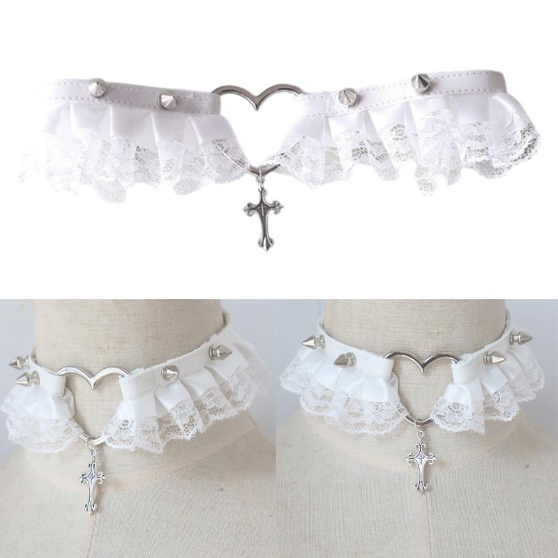 Gothic Lace Choker Crossed Charm Choker Necklace Heart Charm Choker Necklace Statement Jewelry for Girl Cosplay Parties