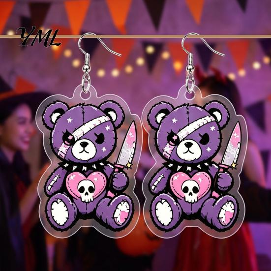 Dark Style Pendant Jewelry 1 Pair Halloween Dangle Earrings for Women, 2D Acrylic Cute Alternative Fashion Accessories Skeleton Bear Earrings,