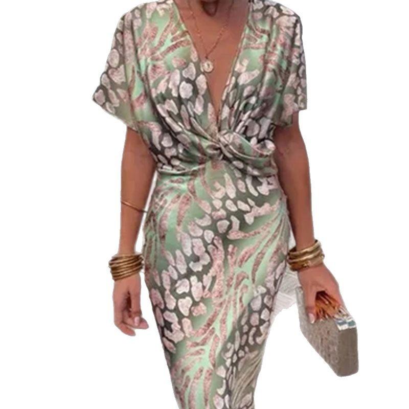 

2025 Женская Мода Облегающее Платье с Принтом, Перекрученное, Со Средней Посадкой, Сексуальное, С V-образным Вырезом, Весеннее 2XL