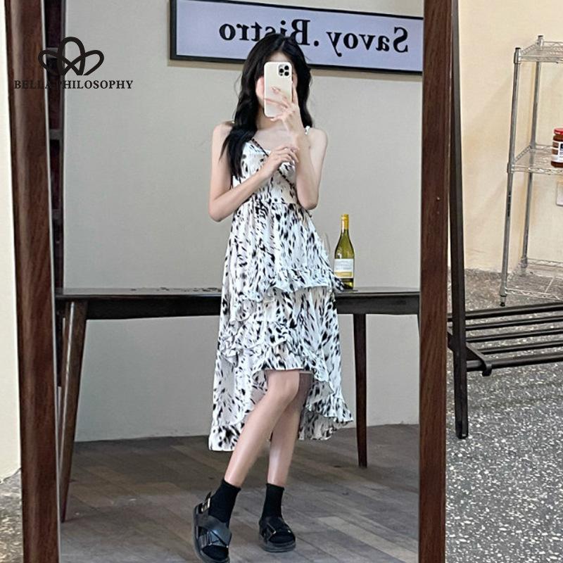 French Style Gentle Floral Print Sling Waist Dress Women's Summer Design Printed Irregular Skirt Ruffled Dress