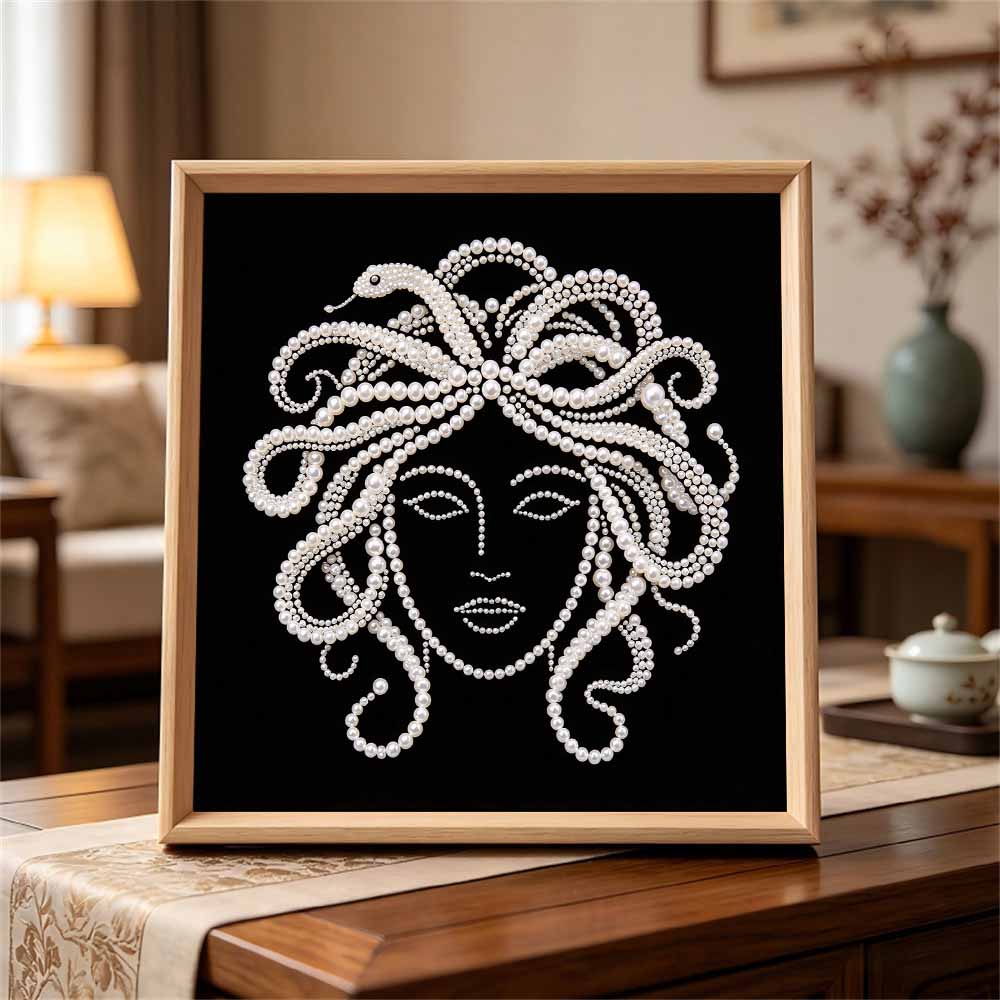 Medusa Portrait Pearl Art Kit with Frame Sparkling Bead Canvas Cozy Home Decor Creative Craft Gift DIY Handcrafted Wall Hanging Art Set