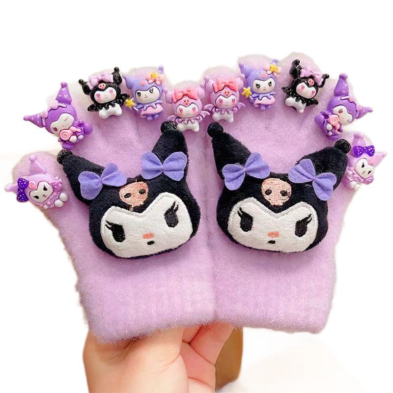 Dziecięce zimowe rękawiczki w stylu kreskówkowej księżniczki z rozdzielonymi palcami - Urocze, ciepłe, pluszowe dla dziewczynek