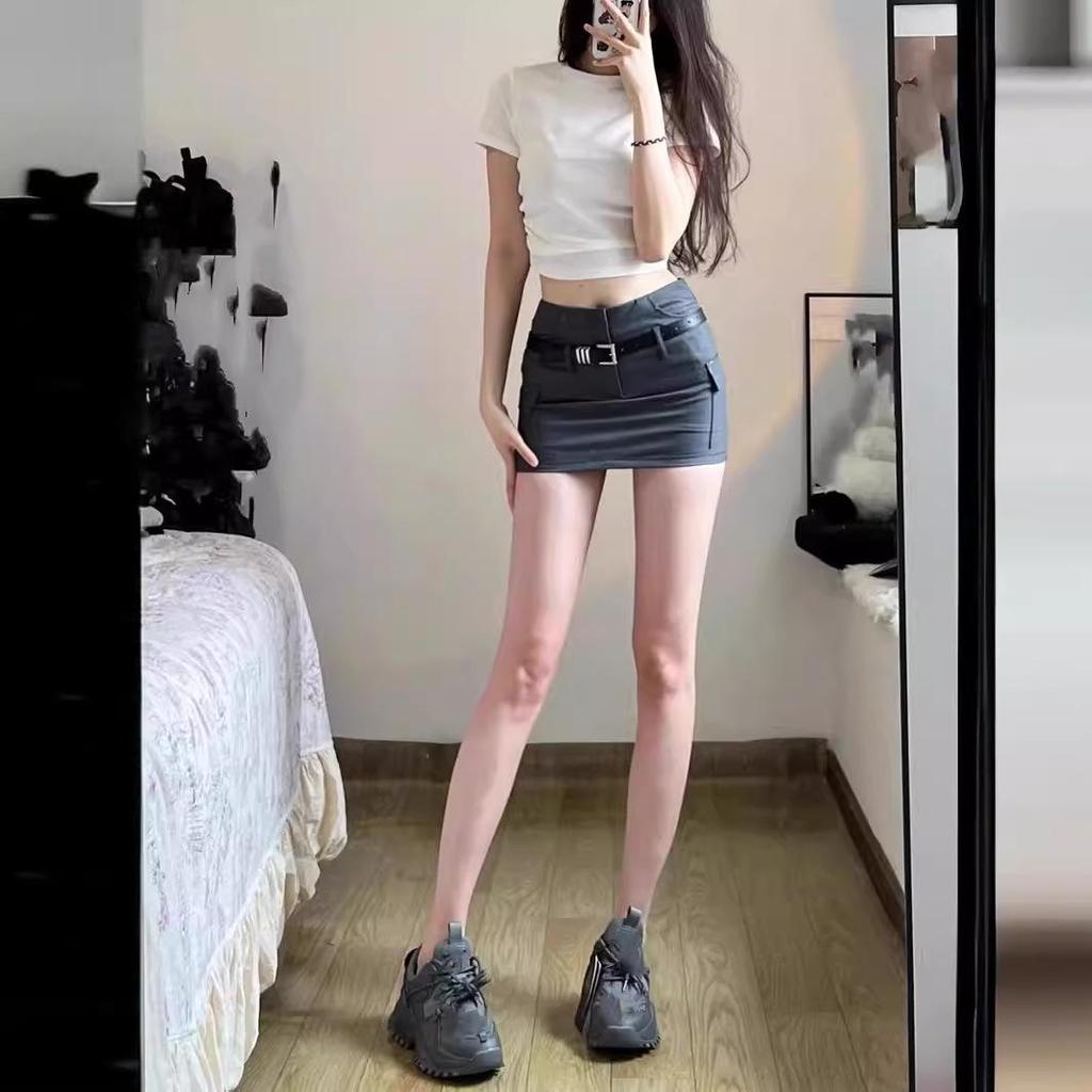 2024 Summer Retro Gray High-Waist Bodycon Mini Skirt for Women