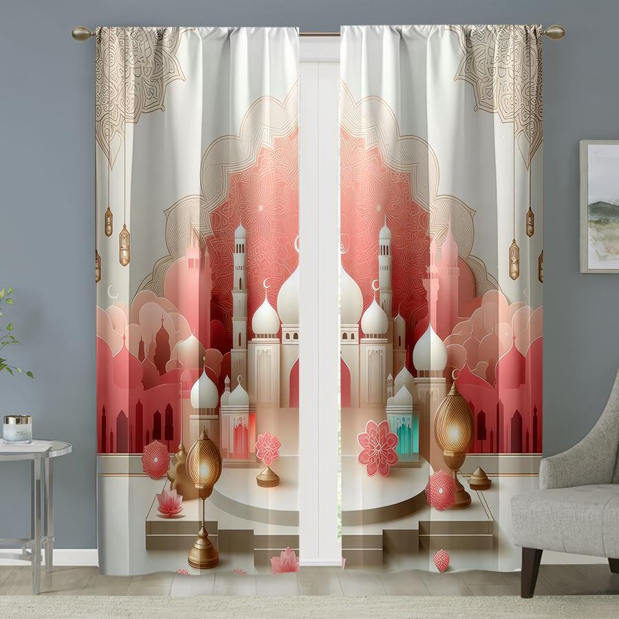 2PCS Pink Mix Mosque Decorative Curtains, Soft and Gentle Style, Living Room and Bedroom, Drawbar Pocket Decoration