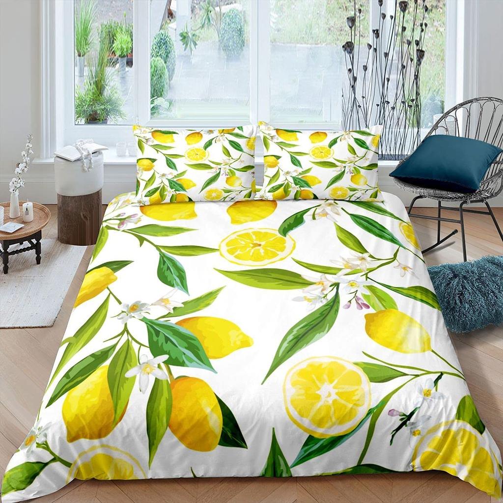 Lemon Duvet Cover Set Fresh Fruits Pattern Polyester Comforter Cover King Queen Twin Full Size For Kids Teens Adults Bedding Set