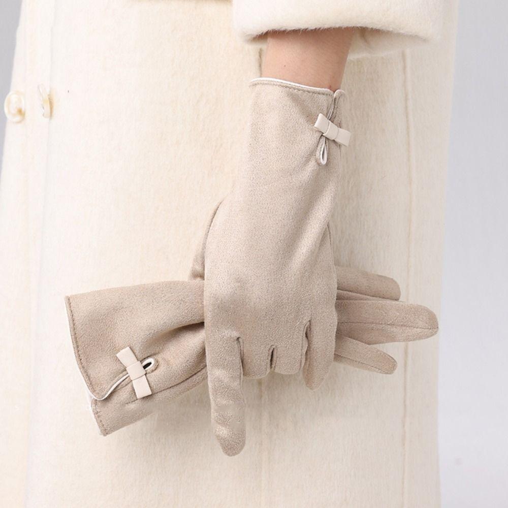 Velvet Winter Bow Suede Gloves Soft Women Cycling Mittens Cute Pu Leather Gloves  Outdoor
