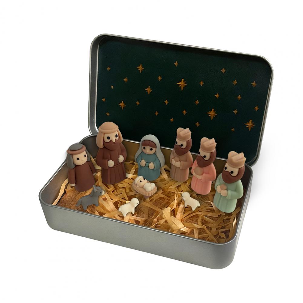 1/2/3Pcs Mini Nativity Scene Set in Tin Box Handcrafted Pocket Size Nativity Scene Tin Resin Birth of Jesus Ornament Christmas D