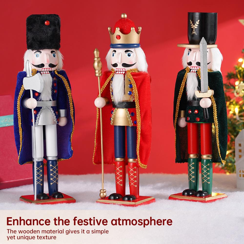 38CM Nutcracker Puppet Solider Merry Christmas Decoration Cloak King Wooden Doll Walnut Handcraft Figurine Home Office Decor