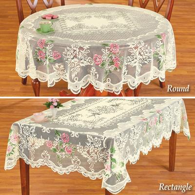 Spitze-Tischdecke, rund, weiß, IN HAND, Blumen-Rosen-Bezug, eleganter Esstisch