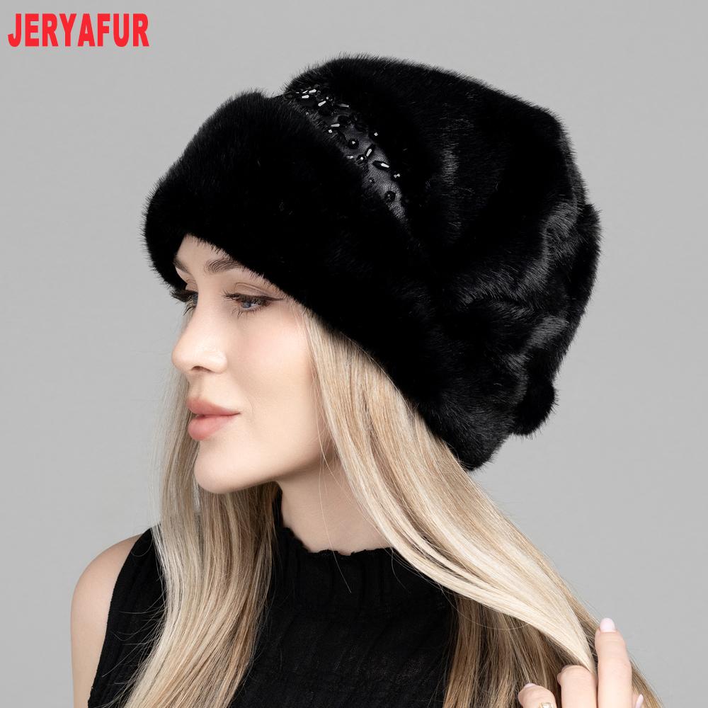 JERYAFUR Women Winter Faux Fur Hat, Elegant Beaded Decor Warm Luxury Ladies Snow Hat for Cold Weather