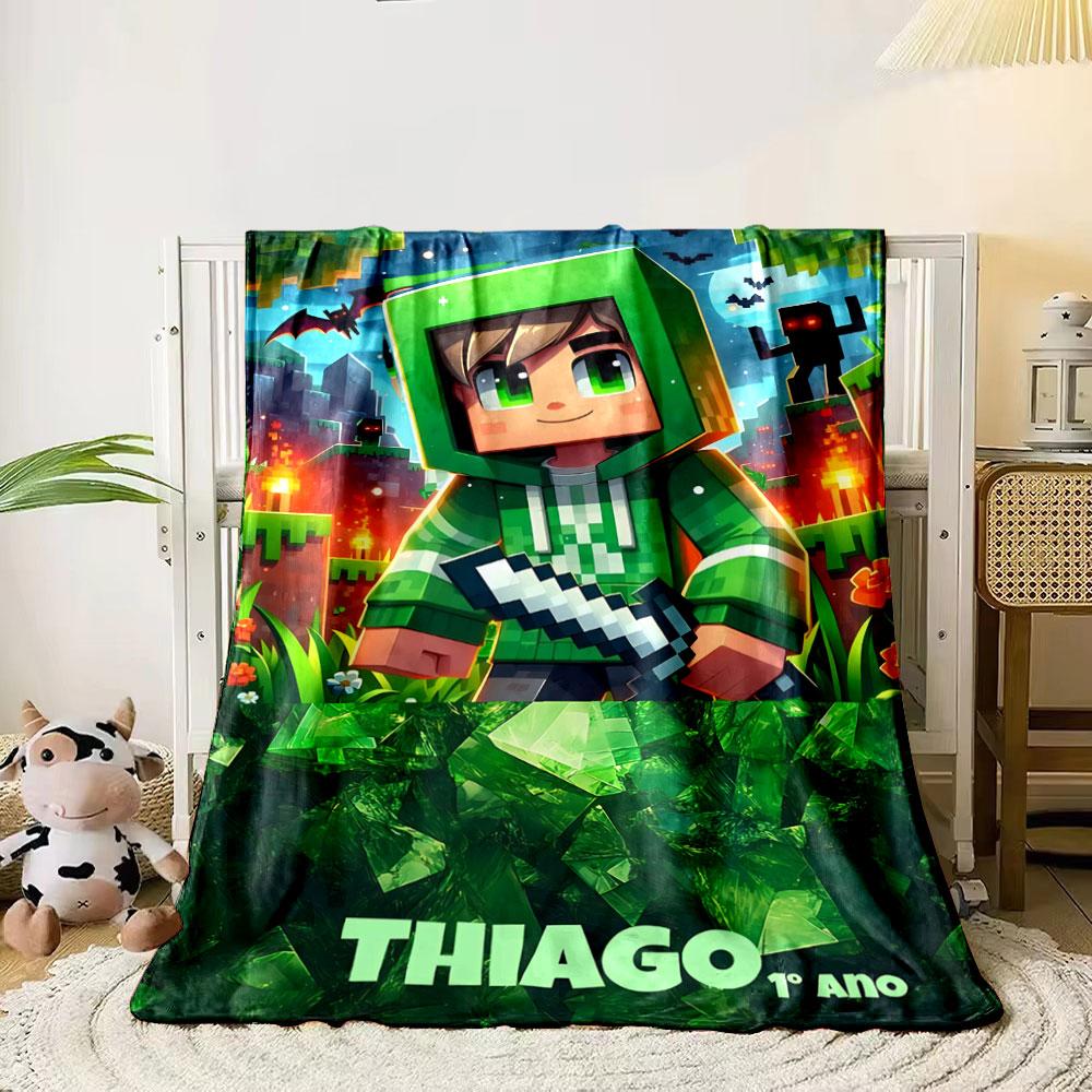 A pixelated Minecraft-inspired character with a sword in a fiery forest. for all seasons blanket lunch break throw gift 80cm x 120cm