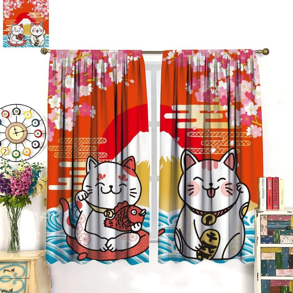 Japanese Curtains Cute Lucky Cat Rustic Pink Cherry Blossoms Mountain Fuji Red Sun Pattern Decor Drapes for Bedroom Living Room