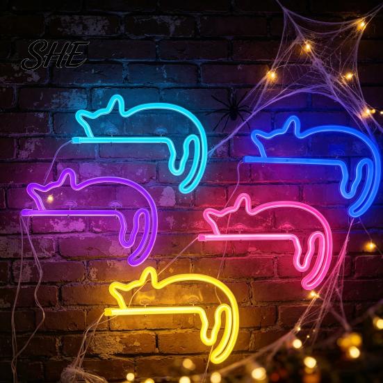 Battery Powered Night Light Cat LED Neon Sign Wall Sconce for Bedroom Decor, Cute Cartoon Animal Creative Gift Kids Light, Energy Saving Decorative