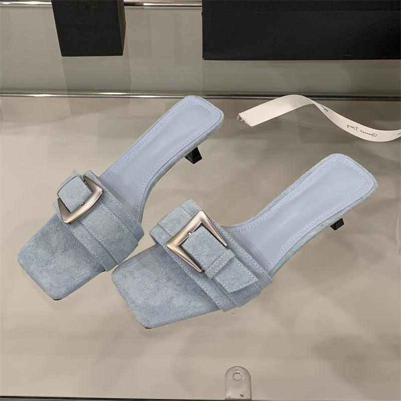 Fashion Eilyken New Summer Square Toe Women Slippers Fashion Buckle Strap Low Heels Banquet Party Slide Shoes Sandals