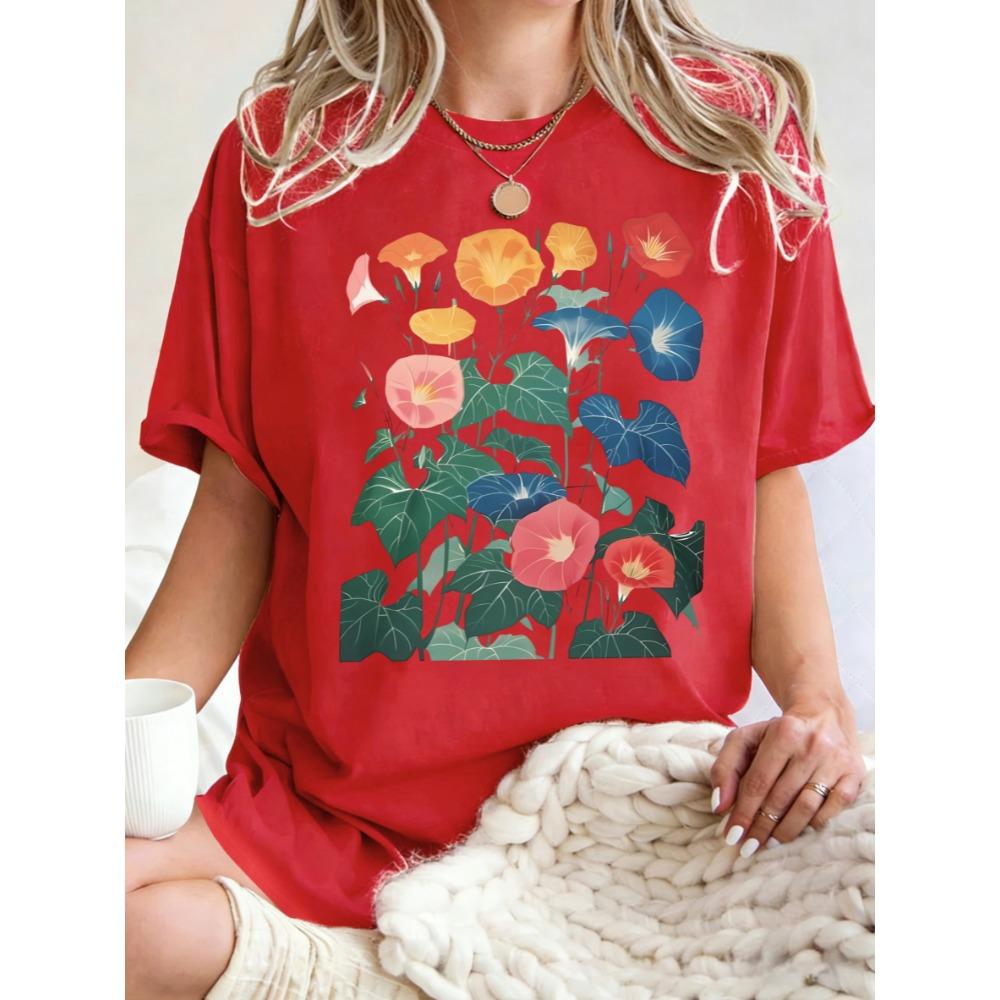 Aesthetic Morning Glory Printing Women T-Shirts Cotton Crewneck Short Sleeves Y2K Oversized Tee Top Sports Clothes