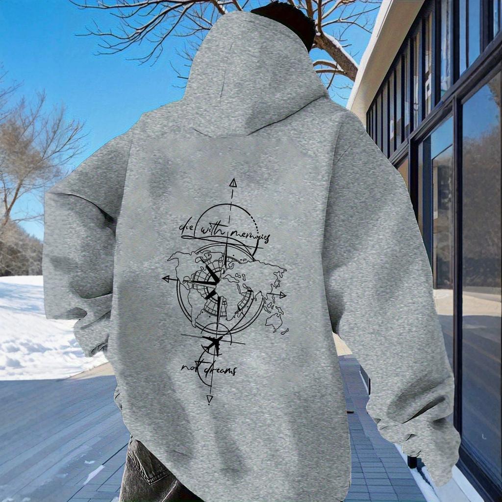 Men's hooded sweater map compass print loose pullover hoodie travel style casual men's wear