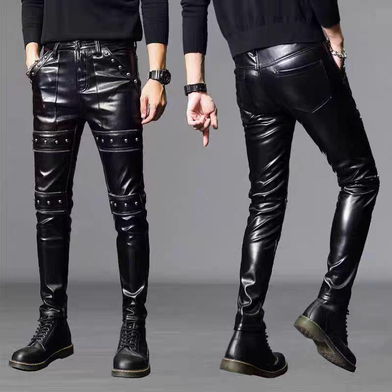 Trendy Men s Korean Slim Fit Leather Motorcycle Pants 29