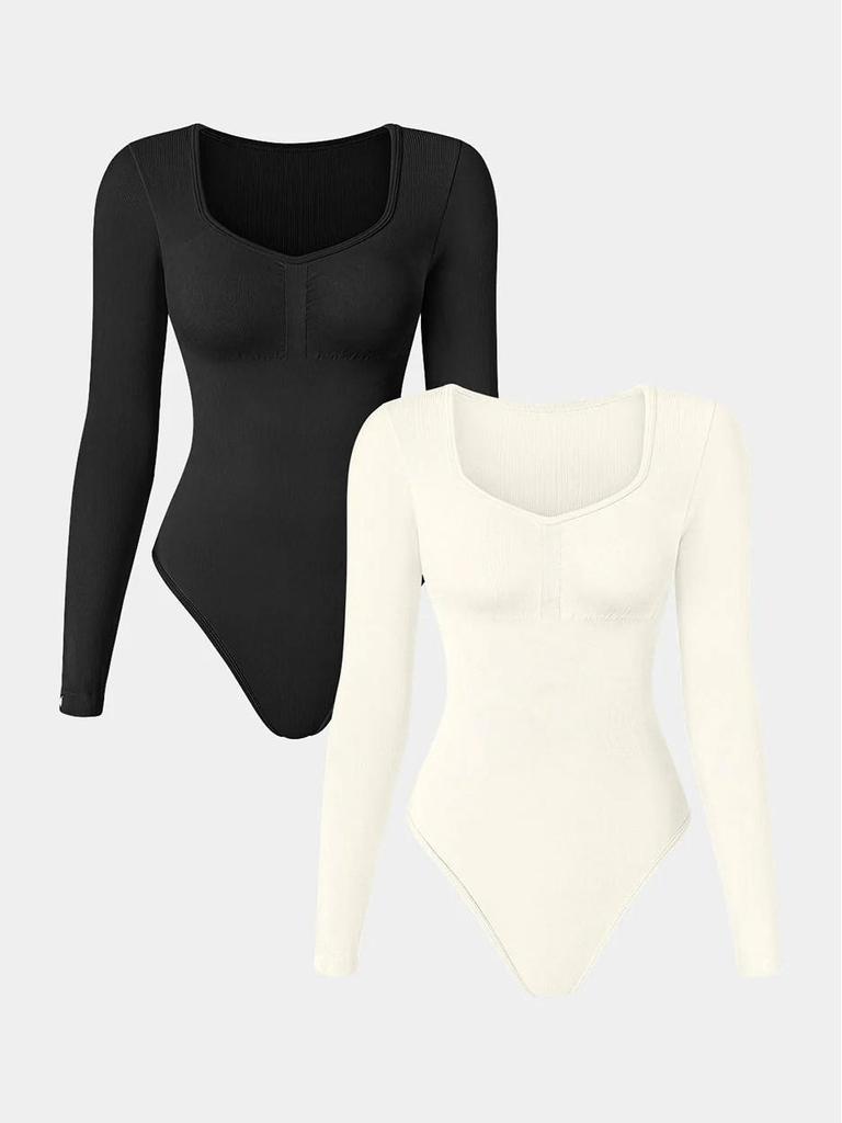Seamless Knitted Ribbed Long Sleeve V-Neck Yoga Bodysuit Jumpsuit