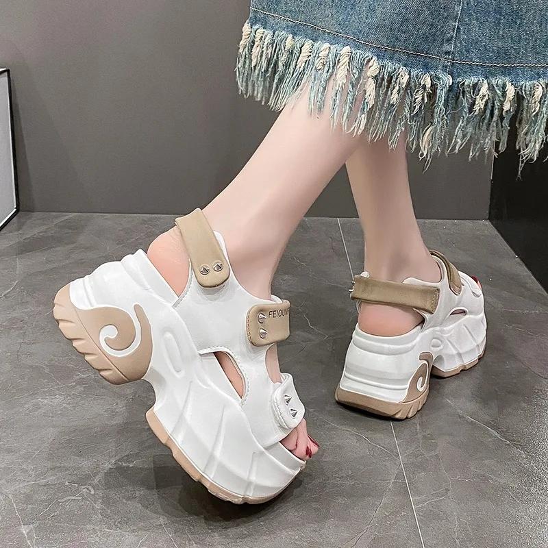 Fashion Women Leisure Chunky Platform Sandals Peep Toe High Heels New Gladiator Slippers Woman Trendy Summer Leather Beach Sandals 8.5CM