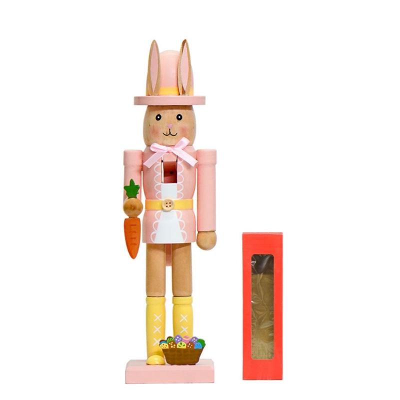 Künstlerischer 12-Zoll Osterhase Nussknacker Holzfigur Ornament mit Hut und buntem Körper für Feiertagsdekoration