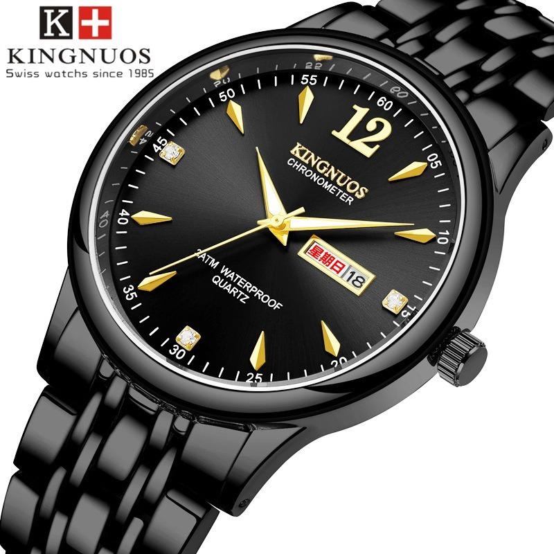 

KINGNUOS Мужские водонепроницаемые часы с двойным календарем и твердым стальным ремешком с бриллиантами
