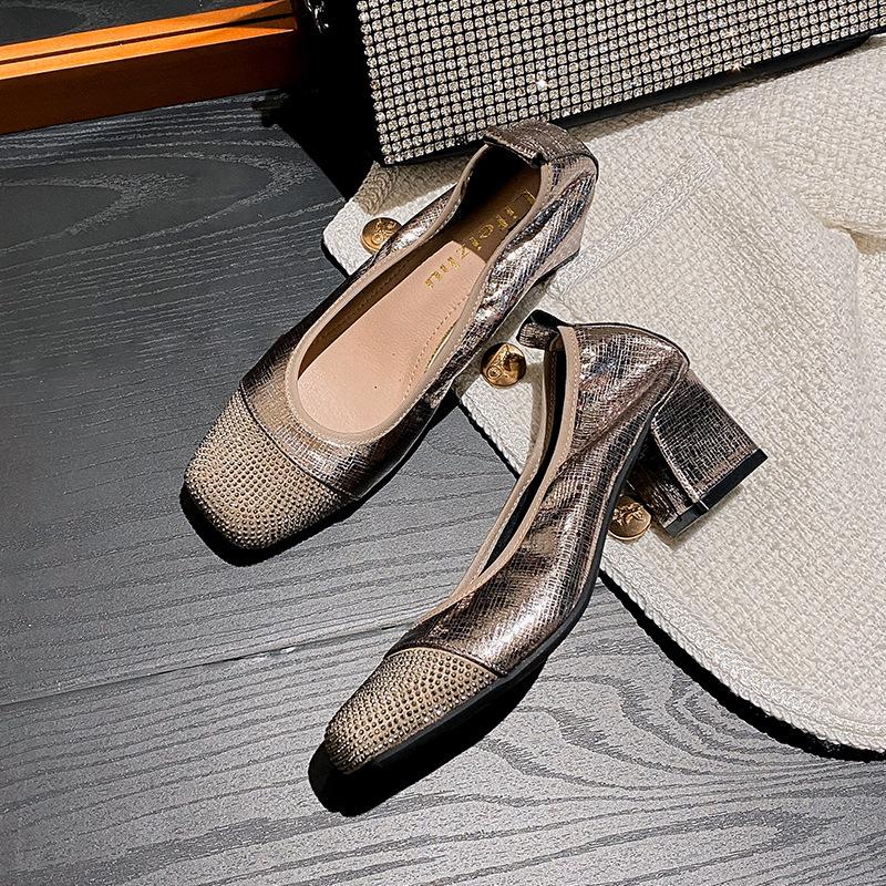 

Модные туфли на высоком каблуке 5 см в виде бриллиантового блока, женские туфли-лодочки серебристого цвета с квадратным носком, лоферы с кристаллами, массивный каблук, Traf Мэри Джейн 35