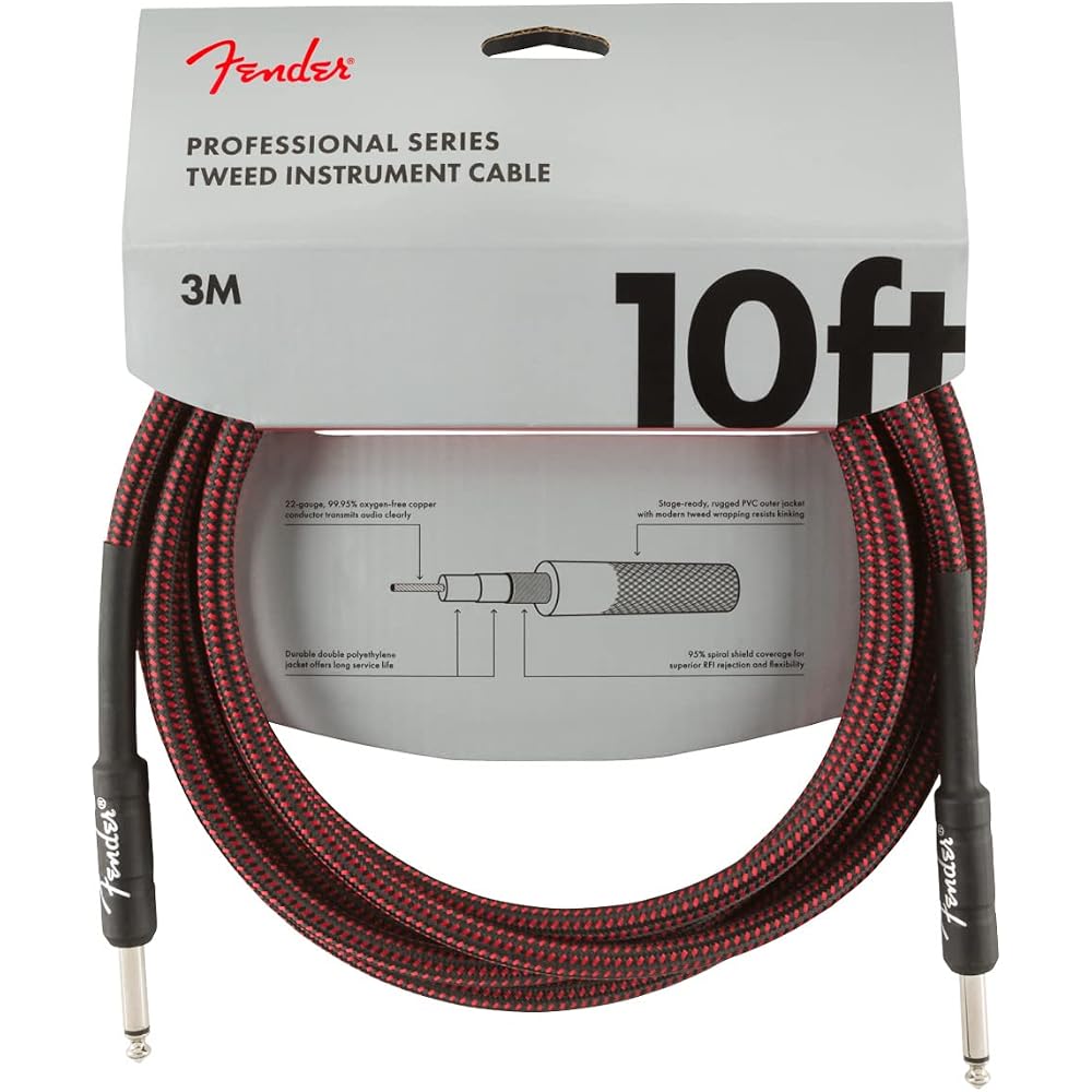 Fender Shielded Cable Professional Series Instrument Cables, 10', Red Tweed