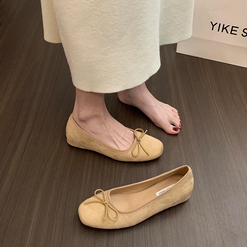 French inner heightening suede ballet single shoes women's shoes 2025 new spring and autumn bow red evening shoes