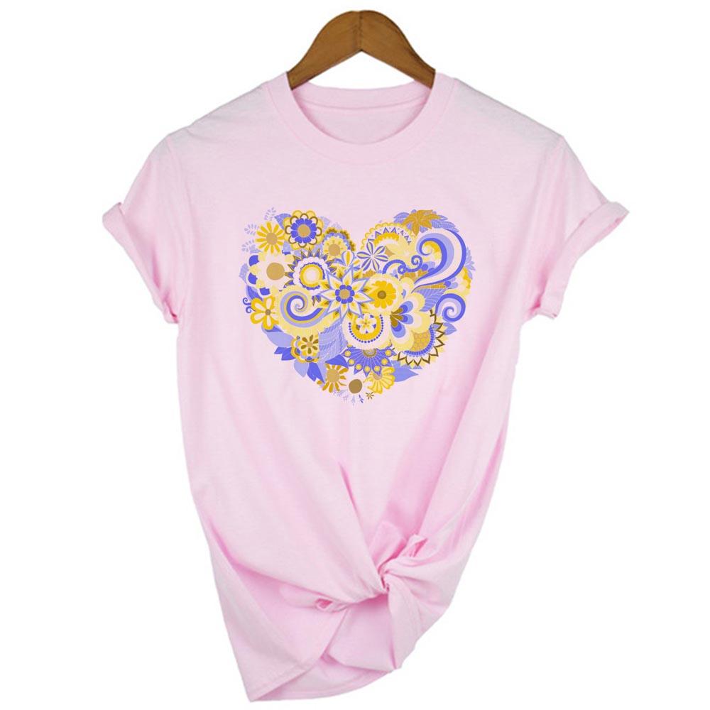 Cool Women T Shirt Heart Flowers Love Casual Shirts Yellow Blue Floral Heart Camisas Mujer Female