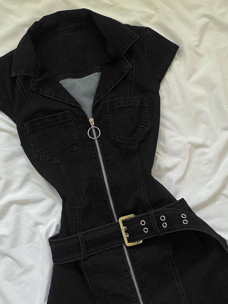 

Retro Denim Slimming Lapel Jumpsuit with Zipper Waist Design XL чорний