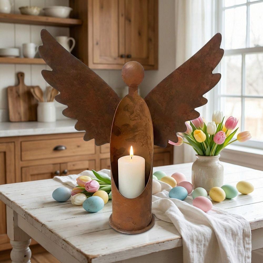 Metal Angel Candle Holder Rust Candlestick Ornament Candlestick Outdoor Decoration