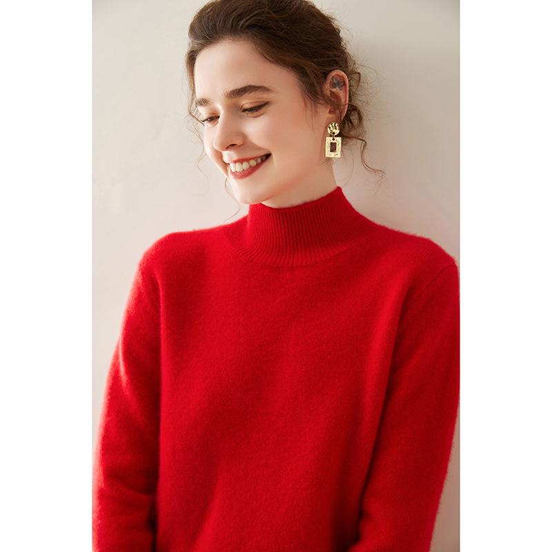 Women's Cashmere Half High Neck Slimming Solid Color Sweater for Autumn/Winter