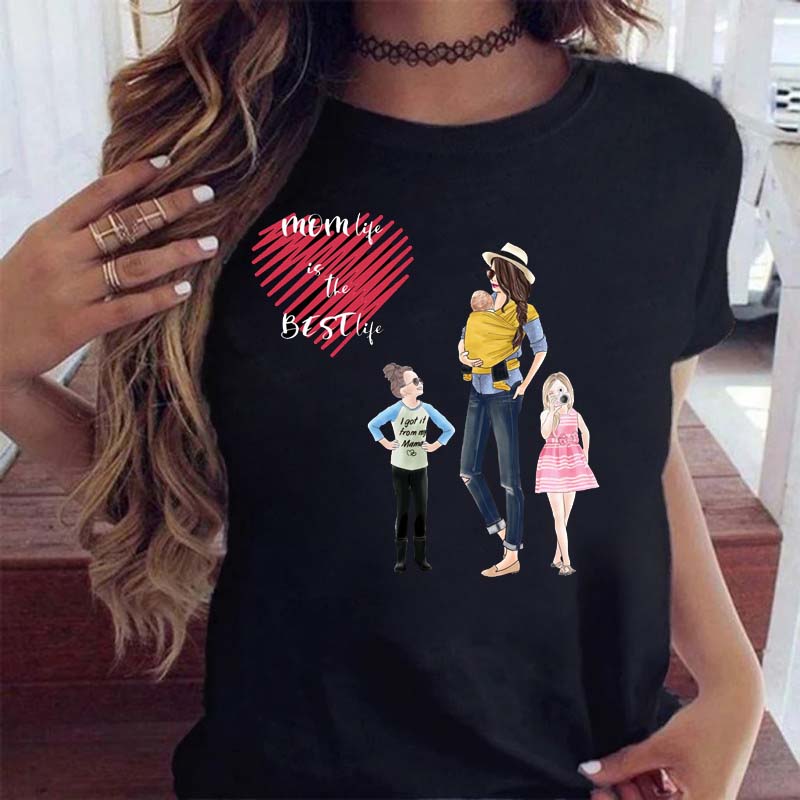 Maycaur Women Cartoon Mom Mother Boy Girl Print Mother Lady T-shirts Casual Top T Shirt Ladies Womens Graphic Female Tee T-Shirt