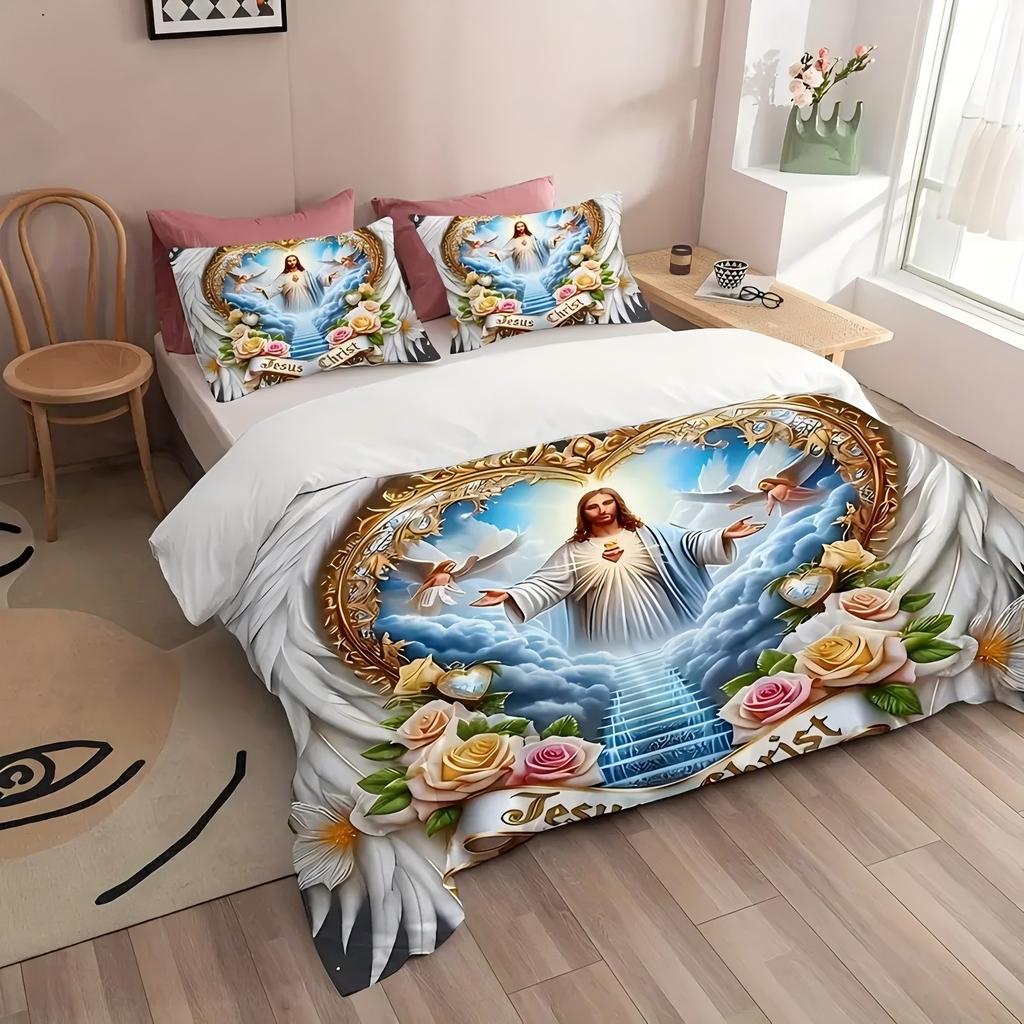 Wings Cross Angel Jesus Pattern 3D Printed Duvet Cover Set Sacred Dedication Luxury Quilt Cover Set Soft Comfortable Bedding Set