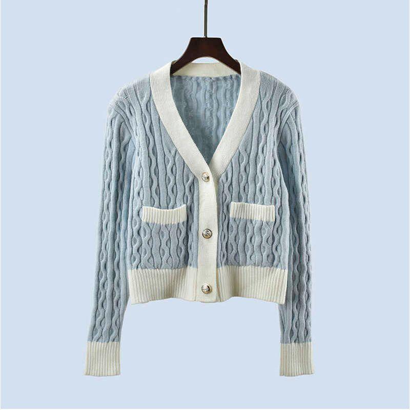 Cable-Knit Sweater Outwear Women's Preppy Style Short Knitting Cardigan Fall and Winter New Arrival Contrast Color Thick Long Sleeves Tops