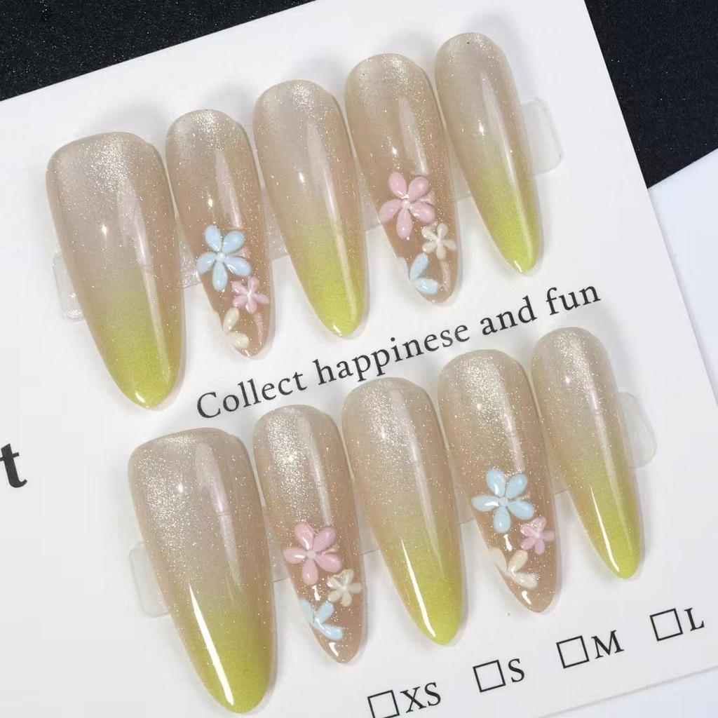 Custard Yellow Gradient Cat Eye Flower Almond Long Nails - High-Grade Wearable & Removable Manicure Tips