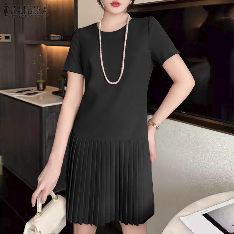 ZANZEA Women Casual Round Neck Solid Color Summer Short Sleeve Dress