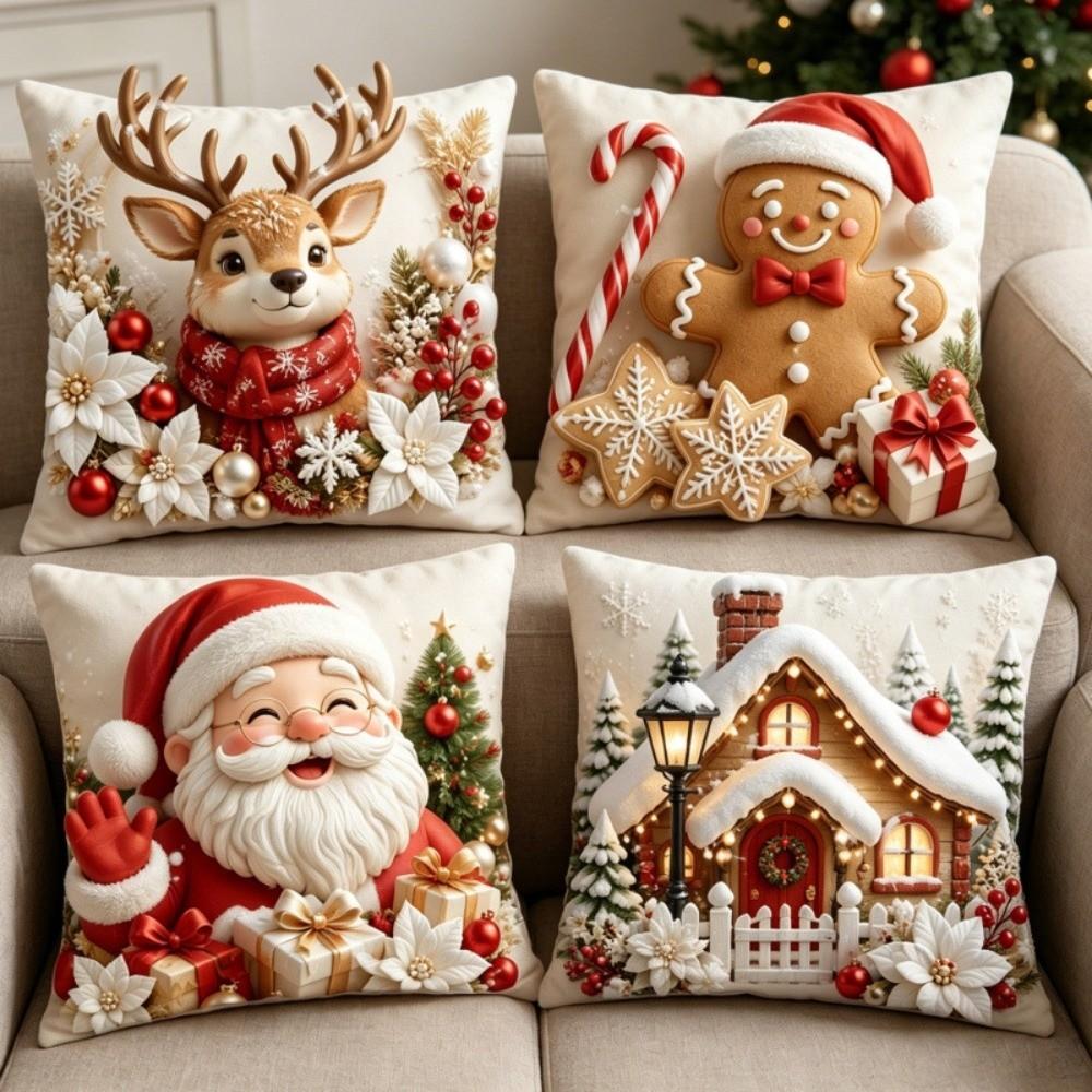 4Pcs Plush Decorative Pillowcase 45*45cm Christmas Pillow Cover  Festive Home Decor