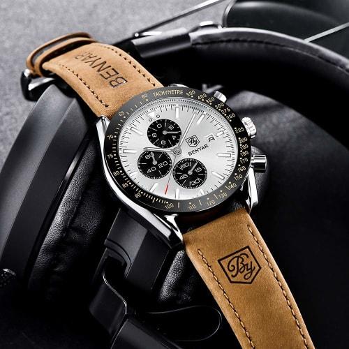 BENYAR AKNIGHT Watch Men's Stylish Watch Men's Watch Luminous Chronograph Fixed Bezel Analog Calendar Arm Watch Waterproof Japanese Quartz Watch Leath