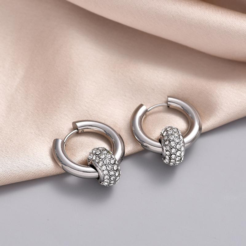 Classic Women's Hoop Earrings Stainless Steel Crystal Rhinestone Round Geometric Gold Silver Color Vintage Jewelry Party Gift